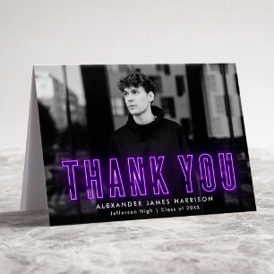 Modern Purple Neon Photo Graduation Thank You Card