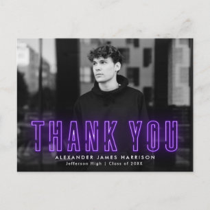 Modern Purple Neon Photo Graduation Thank You Postcard