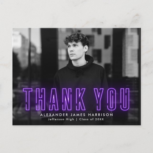Modern Purple Neon Photo Graduation Thank You Postcard (Front)