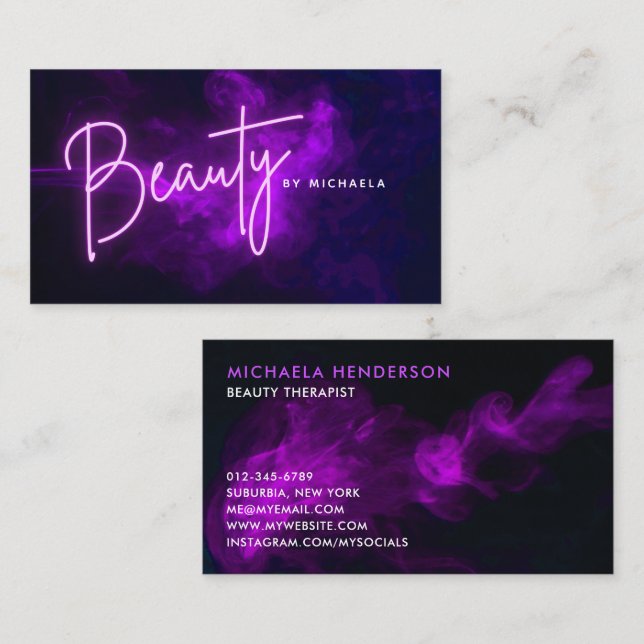 Modern Purple Neon & Smoke Nail Technician Busines Business Card (Front/Back)