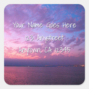 Modern purple ocean sunset photo return address  square sticker