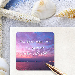 Modern purple ocean sunset photo return address square sticker