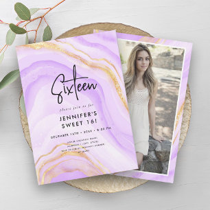 Modern Purple Ombre Marble Photo Sweet 16   Invitation