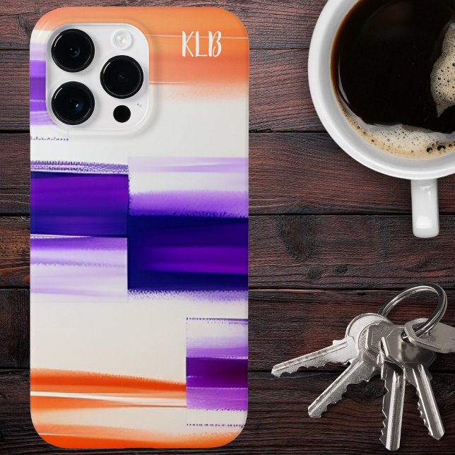 Modern Purple & Orange Brush Strokes Monogram iPhone Case (Creator Uploaded)