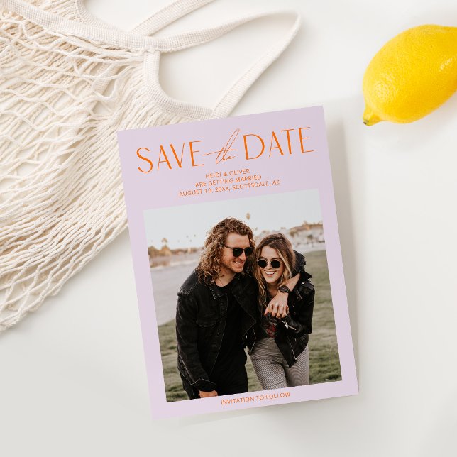 Modern Purple & Orange Photo Save the Date Card (Creator Uploaded)