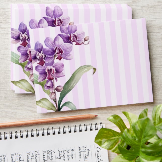Modern Purple Orchid Flower Stripes Birthday Envelope (Stacked)