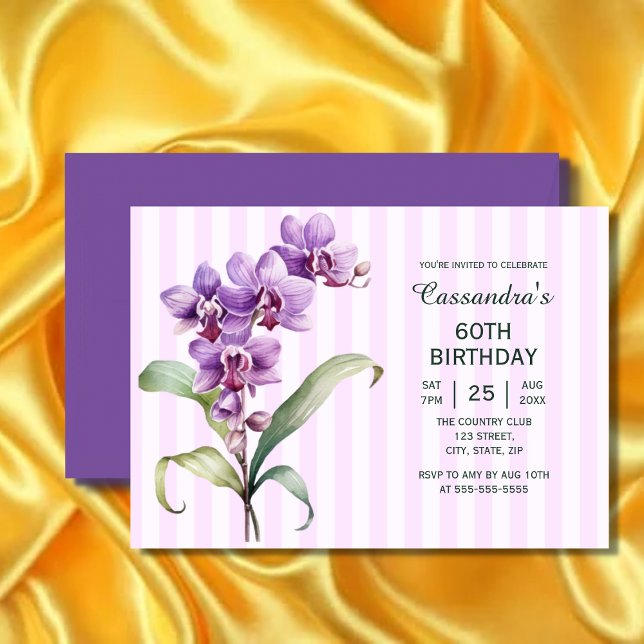 Modern Purple Orchid Stripes Floral 60th Birthday  Invitation (Creator Uploaded)