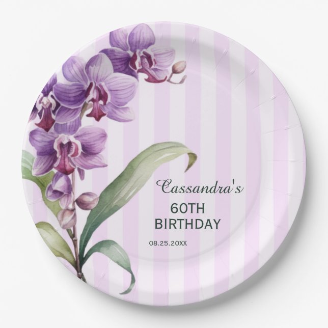 Modern Purple Orchid Stripes Floral 60th Birthday  Paper Plate (Front)