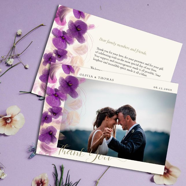 Modern Purple Orchids Gold Wedding Photo Thank You Card (Creator Uploaded)