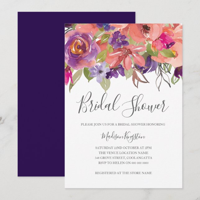 Modern Purple Peach Blossom Bridal Shower Invite (Front/Back)