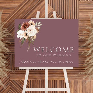 Modern Purple Peach Floral Wedding Welcome Sign