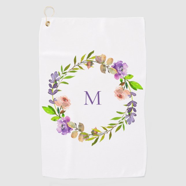 Modern Purple Peach Floral Wreath Monogram Golf Towel (Front)