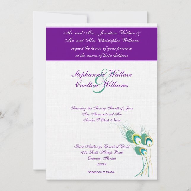 Modern Purple Peacock Wedding Invitation (Front)