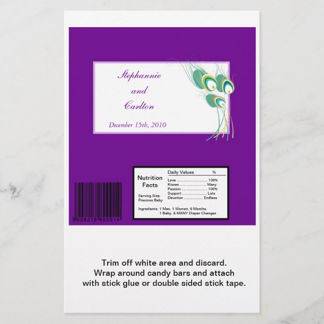 Modern Purple Peacock Wedding Large Candy Bar Wrap (Front)