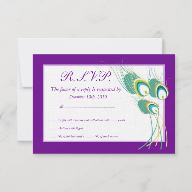 Modern Purple Peacock Wedding RSVP Cards (Front)