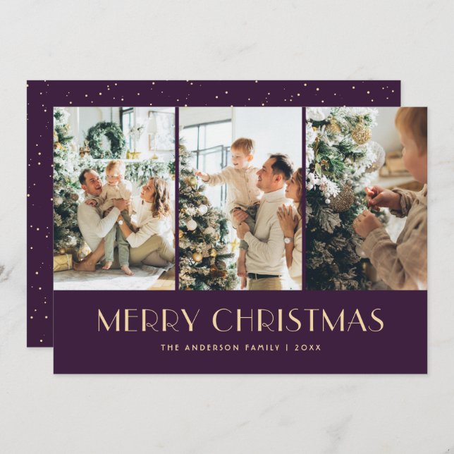 Modern Purple Photo Collage Christmas Card (Front/Back)