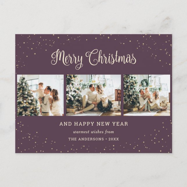 Modern Purple Photo Collage Merry Christmas Holiday Postcard (Front)
