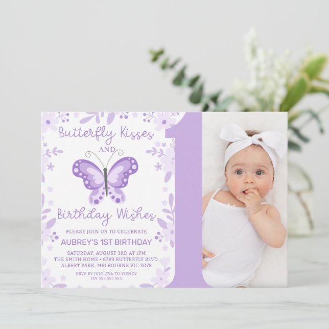 Modern Purple Photo Floral Butterfly 1st Birthday Invitation (Standing Front)