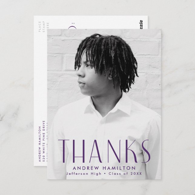Modern Purple Photo Graduation Thank You Postcard (Front/Back)
