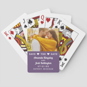 Modern Purple Photo Heart Save the Date Playing Cards