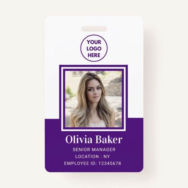 Modern Purple Photo ID Business Logo Employee  ID Badge (Front)