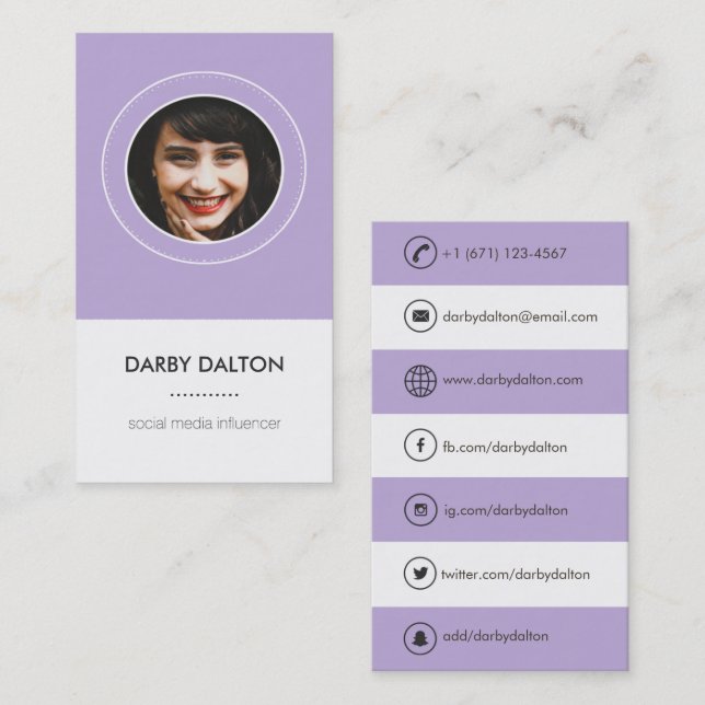 Modern Purple Photo Social Media Business Card (Front/Back)