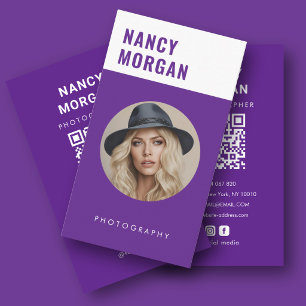 Modern Purple Photographer QR Code Photo Business Card
