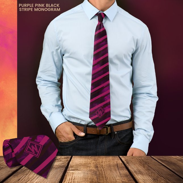  Modern Purple Pink Black Stripe Monogram Neck Tie (Modern Purple Pink Black Stripe Monogram Neck Tie)