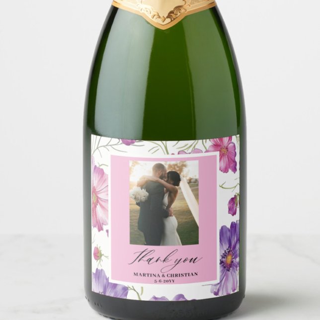 Modern Purple Pink Blossom Script Photo Wedding  Sparkling Wine Label (Creator Uploaded)