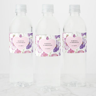 Modern Purple Pink Blossom Script Photo Wedding  Water Bottle Label