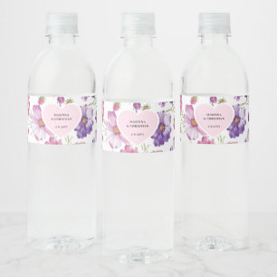 Modern Purple Pink Blossom Script Photo Wedding  Water Bottle Label