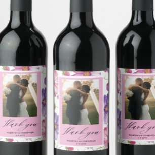 Modern Purple Pink Blossom Script Photo Wedding  Wine Label