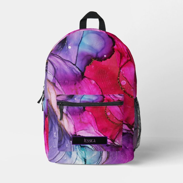Modern Purple, Pink & Blue Marbled Customisable  Printed Backpack (Front)