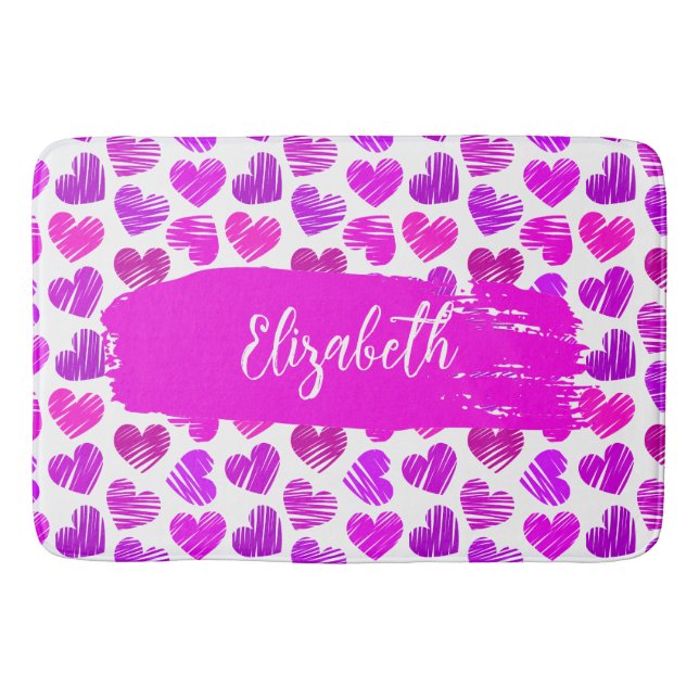 Modern Purple Pink Doodled Hearts Valentine Name  Bath Mat (Front)