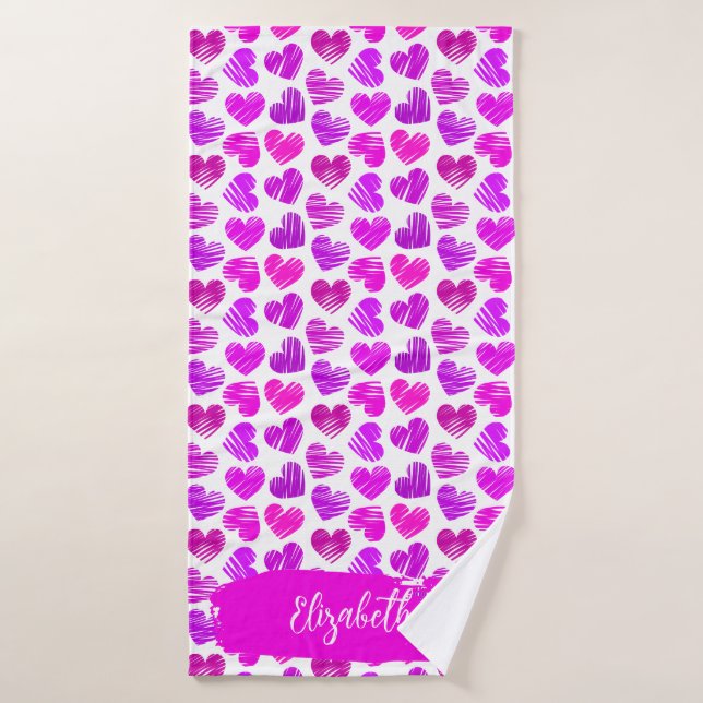 Modern Purple Pink Doodled Hearts Valentine Name  Bath Towel (Bath Towel)