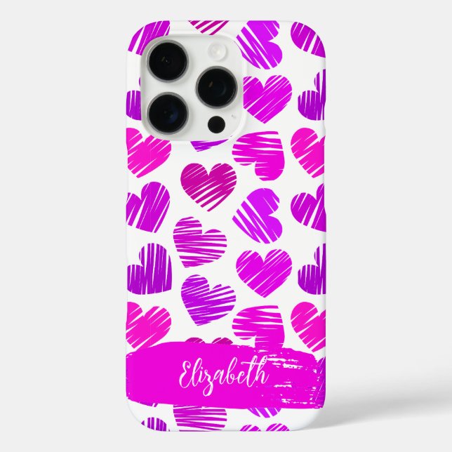 Modern Purple Pink Doodled Hearts Valentine Name  Case-Mate iPhone Case (Back)