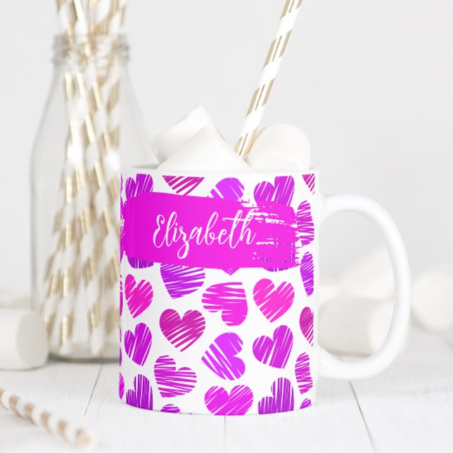Modern Purple Pink Doodled Hearts Valentine Name  Coffee Mug (Creator Uploaded)