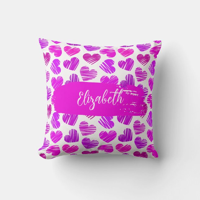 Modern Purple Pink Doodled Hearts Valentine Name  Cushion (Front)