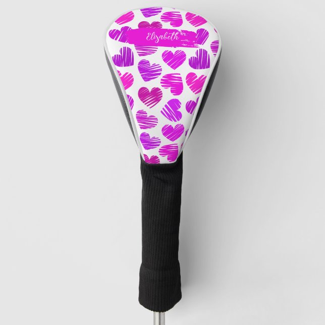 Modern Purple Pink Doodled Hearts Valentine Name  Golf Head Cover (Front)