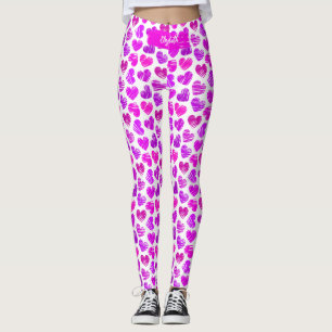 Modern Purple Pink Doodled Hearts Valentine Name Leggings