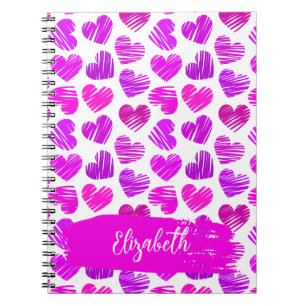 Modern Purple Pink Doodled Hearts Valentine Name Notebook
