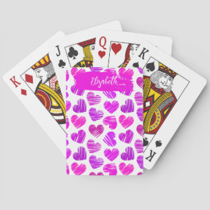 Modern Purple Pink Doodled Hearts Valentine Name Playing Cards