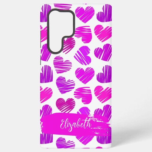 Modern Purple Pink Doodled Hearts Valentine Name  Samsung Galaxy S22 Ultra Case (Back)