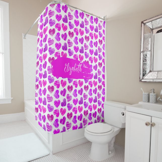 Modern Purple Pink Doodled Hearts Valentine Name  Shower Curtain (In Situ)