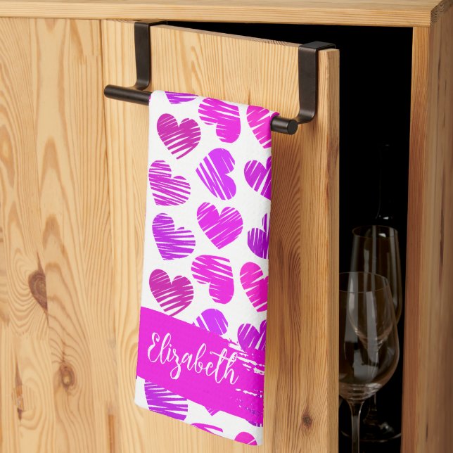 Modern Purple Pink Doodled Hearts Valentine Name  Tea Towel (Thirds Fold)
