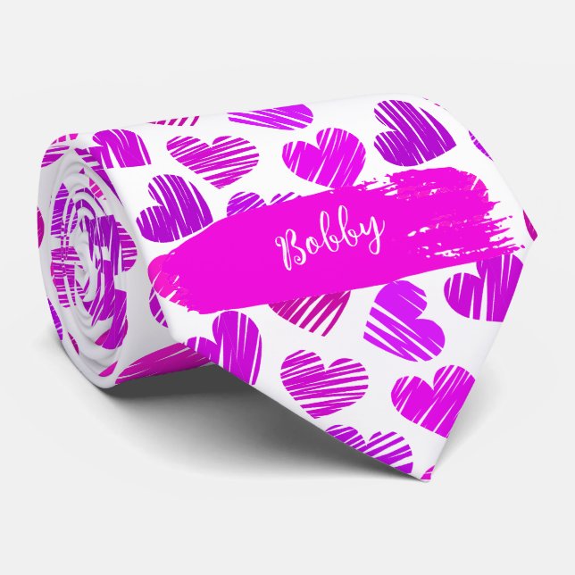 Modern Purple Pink Doodled Hearts Valentine Name  Tie (Rolled)