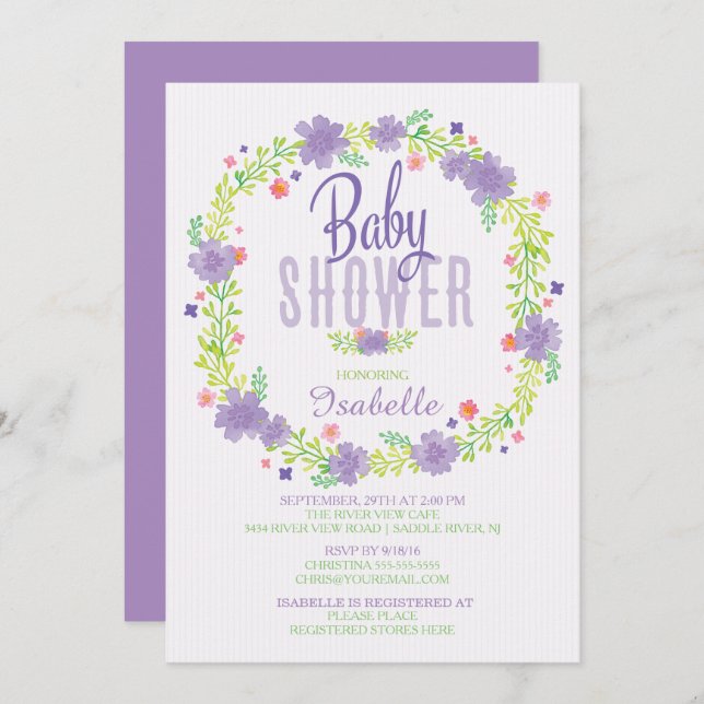 Modern Purple Pink Floral Wreath Baby Shower Invitation (Front/Back)