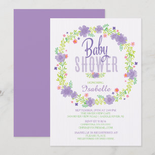 Modern Purple Pink Floral Wreath Baby Shower Invitation
