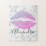 Modern purple pink glitter lips kiss name jigsaw puzzle<br><div class="desc">Modern purple pink glitter lips kiss name jigsaw puzzle</div>