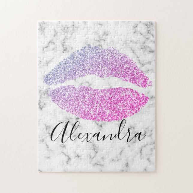 Modern purple pink glitter lips kiss name jigsaw puzzle (Vertical)